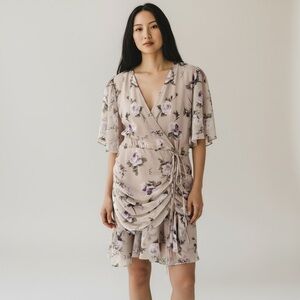 JUST ME Women's Medium Floral Taupe Dress Ruched Draped Above Knee size M